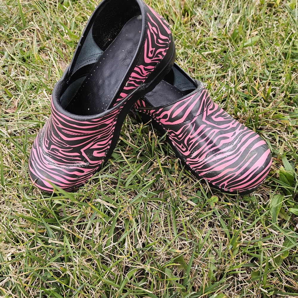 Sanita Pink and Black Zebra Print Mules